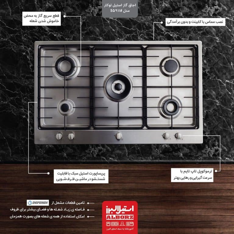 اجاق گاز پنج شعله‌ مدل S5911 استیل البرز